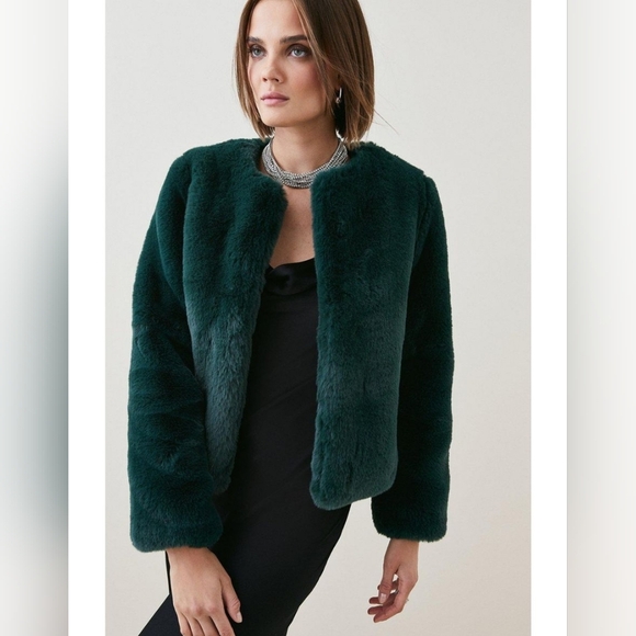 Karen Millen Forest Green Faux Fur Jacket sz 8 NWOT - Picture 1 of 9